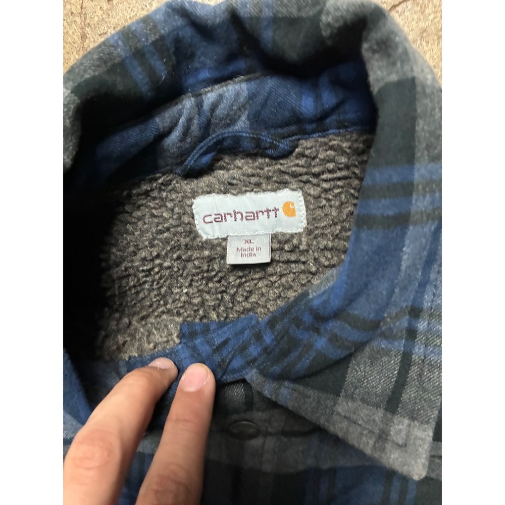 Carhartt Mens XL Blue Grey Plaid Sherpa Lined Flannel Shirt Jacket Relaxed Fit - Picture 5 of 6